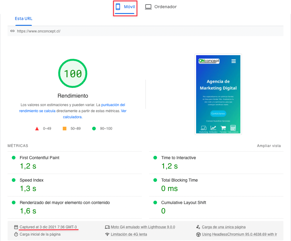 PageSpeed de 100 en formato móvil